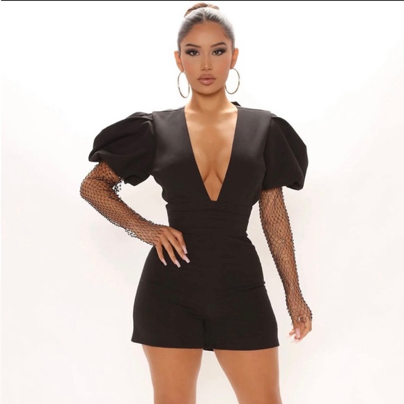 Fashion Nova Pants - Black Open Back Romper Bling Sleeves